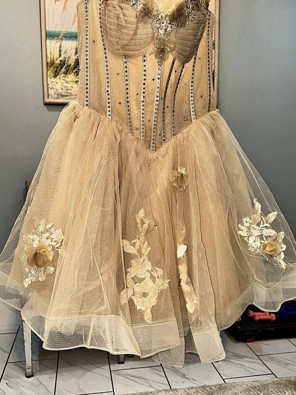 Embellished Tulle Prom Dress in Cream - Picture 5 of 10